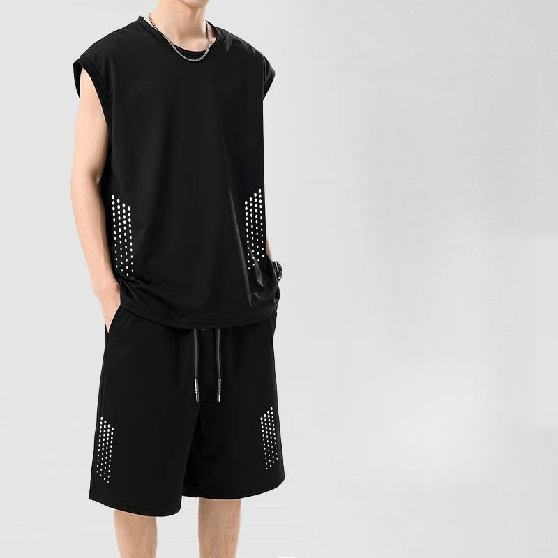 

Men's Summer Ice Silk Cool Feeling Vest Shorts Thin Breathable Quick Dry Mesh 2 Piece Set
