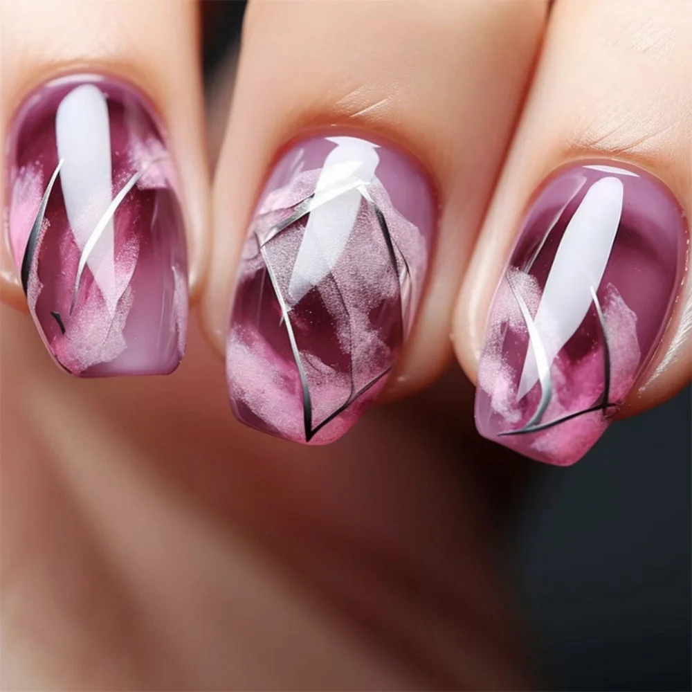 

24pcs Purple Gradient False Nails Press on Short Ballet with Simple Lines Design Fake Nails Art Wearable Square Manicure Tips