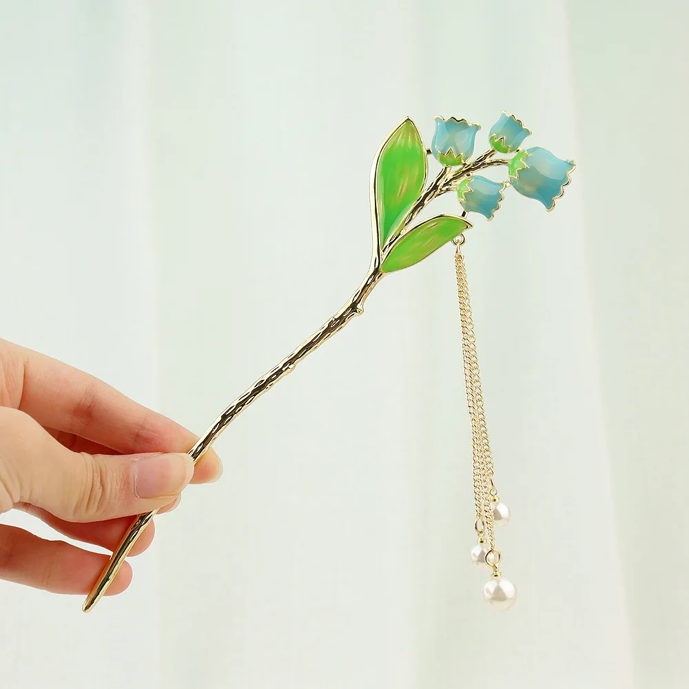 Japanese Chinese Style Enamel Metal Flower Wheat Hair Sticks Pearl Tassel Hairpin Tulip Hair Shopsticks Hanfu Hair Accessories