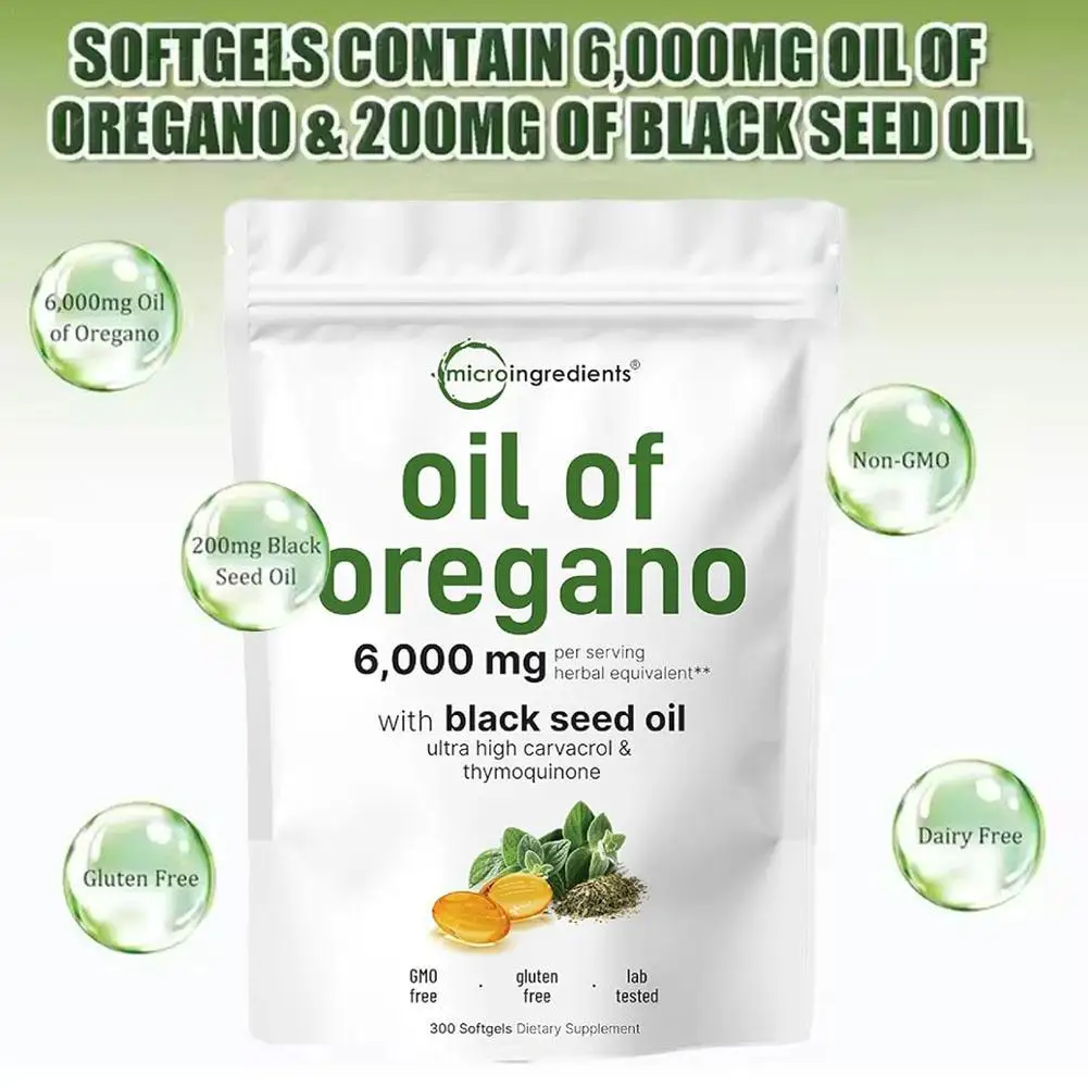 Aceite de cápsulas blandas de Oregano 6000 mg con aceite de semilla negra Cápsulas de suplemento de aceite de Oregano 300 cápsulas blandas Suplemento dietético