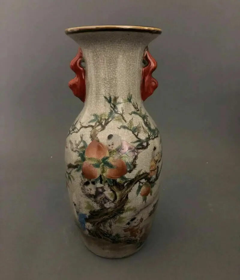 Chinese old porcelain Crack Glazed Jiuzi Pantao Shoutao Painting Double ear Vase