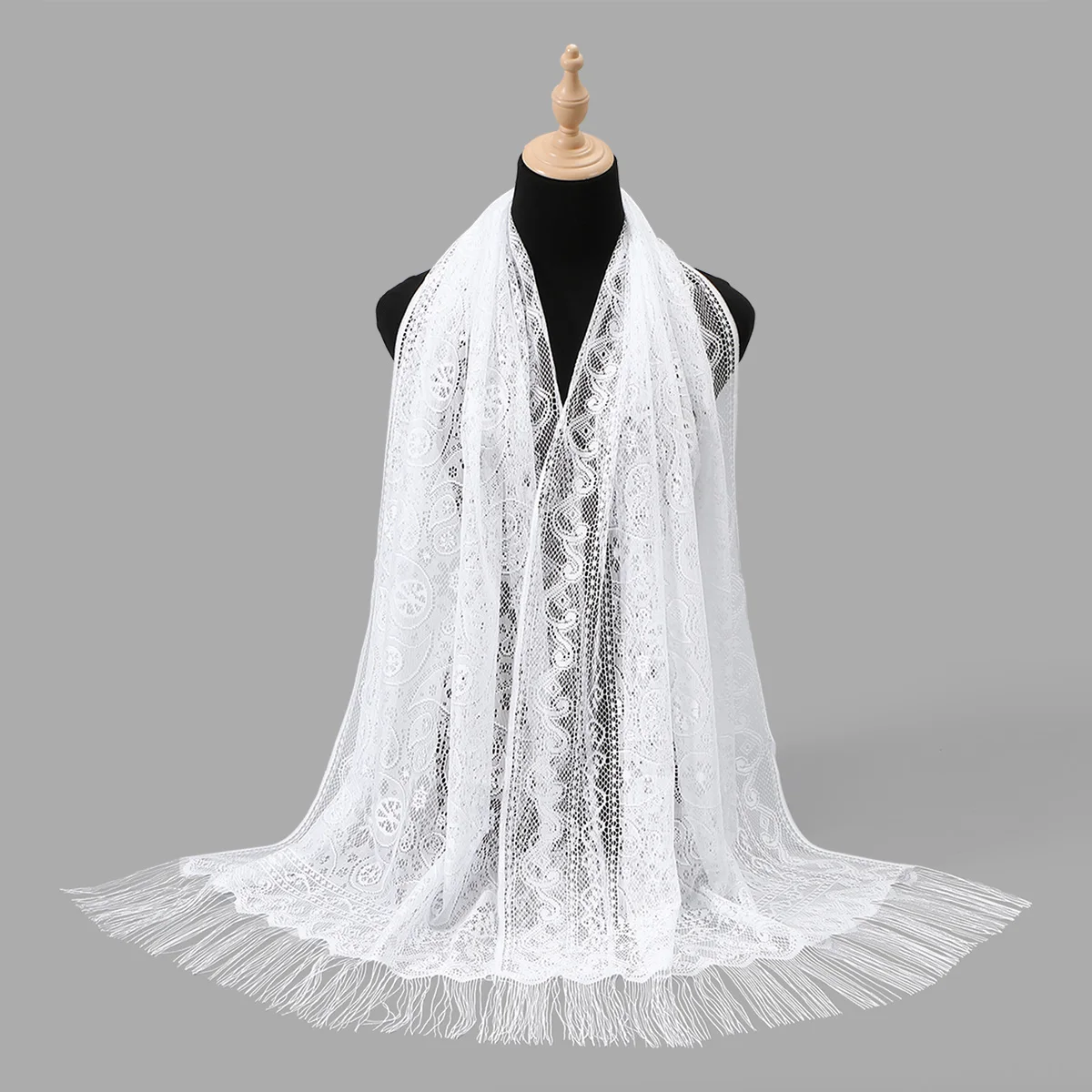 Muslimische Frauen Spitze Schal Schal Elegante Abendkleider Schals Hohl Quaste Schals Wraps Schal Femmal Mesh Garn Hochzeit Schal – Detail 16