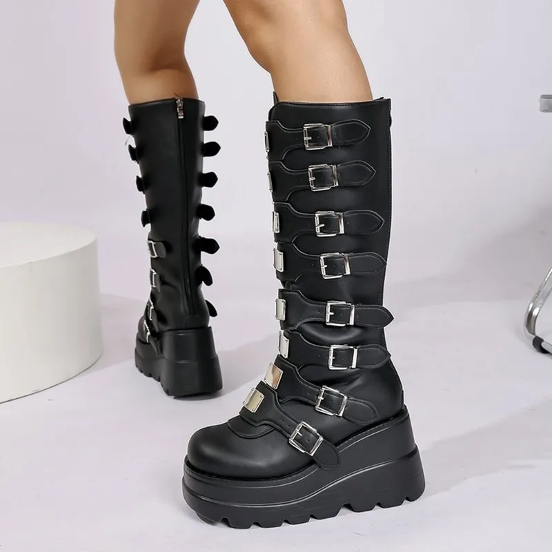 New 2026 Long Boots for Women Gothic Shoes Platform Knee High Boots Punk Sexy Motorcycles Boots Halloween Cosplay Women's Shoes