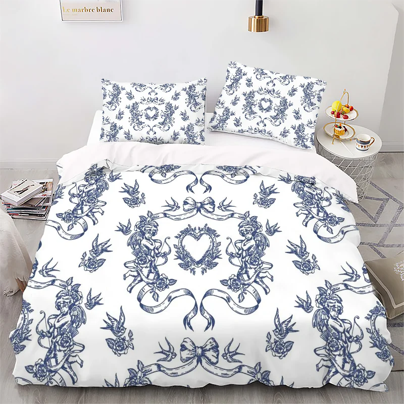 White Flower Digital Printed Duvet Set - Polyester - Bedroom Decoration -1 Bed cover +2 pillowcase (no pillow core)