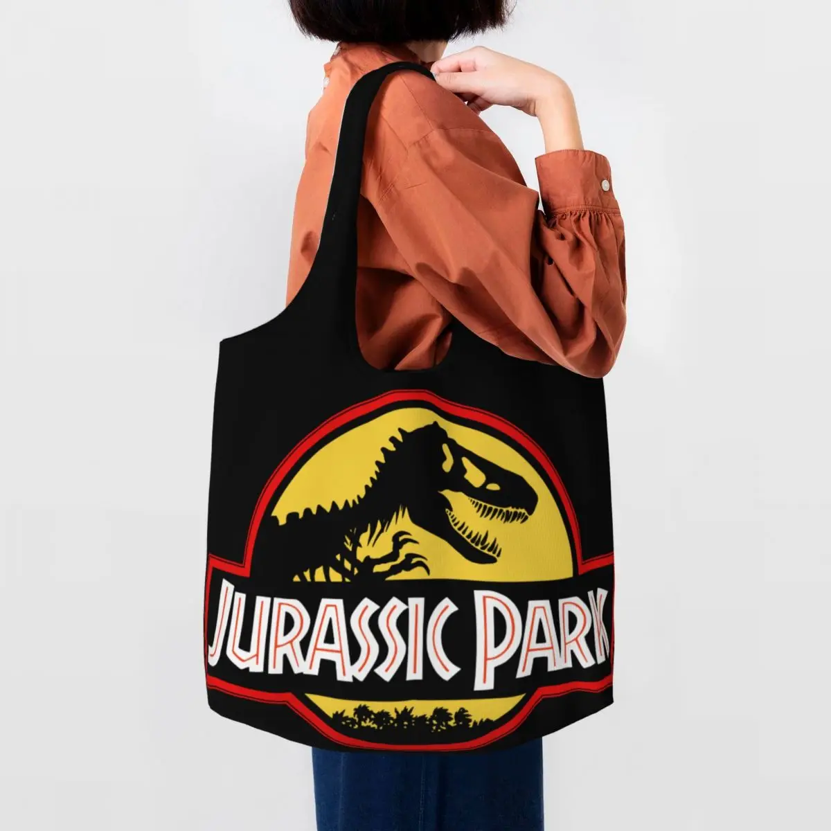 Bolso de compras reutilizable con estampado de dinosaurio para mujer, bolsa de lona, lavable, para compras