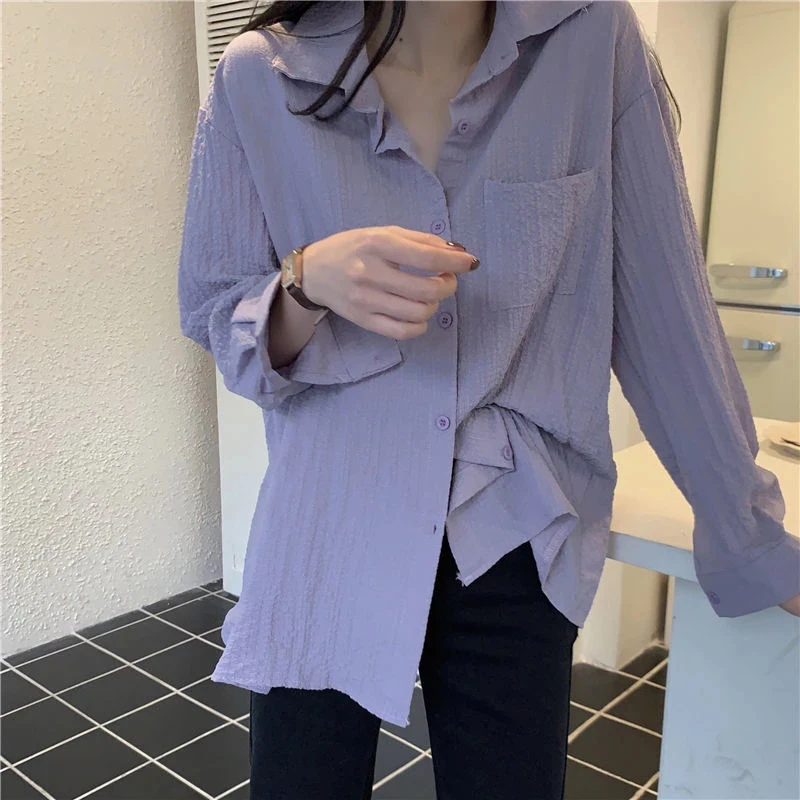 Harajuku Women Blouses Korean Oversized Solid Pleated Shirts Vintage White Green Basic Long Sleeve Casual Sunscreen Cardigan Top