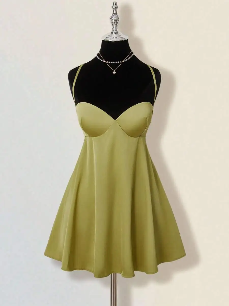 Olive Solid Color Minimalist Sexy Criss-Cross Backless A-Line Mini Dress