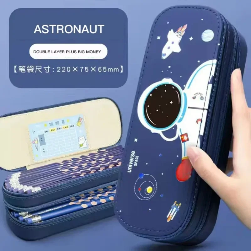 Azul 3D Spaceship Pencil Cases, Double Layer Papelaria Box, Espaço Dinosaur Pen Case para Crianças, Material Escolar, Novo