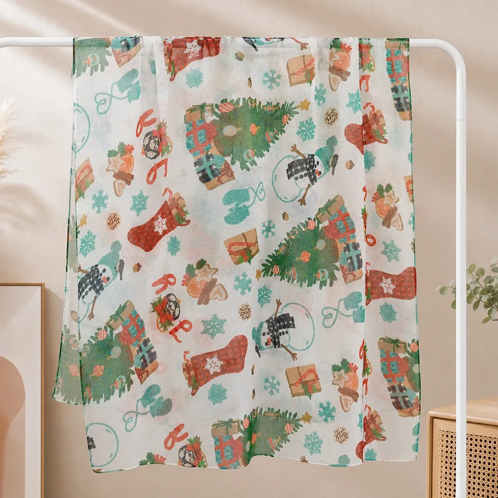 Versatile Lightweight Christmas Scarf Voile Fabric Snowman Print Voile Shawl Vivid Pattern Soft Fine scarf Women
