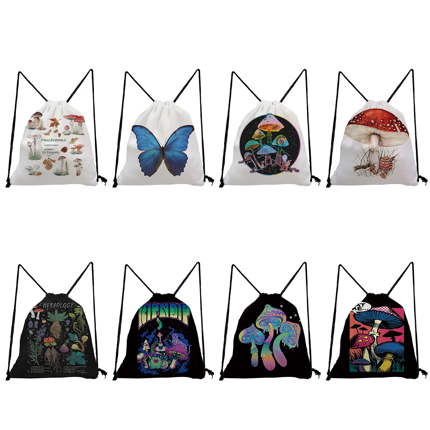 Colorful Mushroom Print Shoes Storage Bag High Quality Drawstring Pocket Refreshing Portable Backpacks for Students Gift Casual