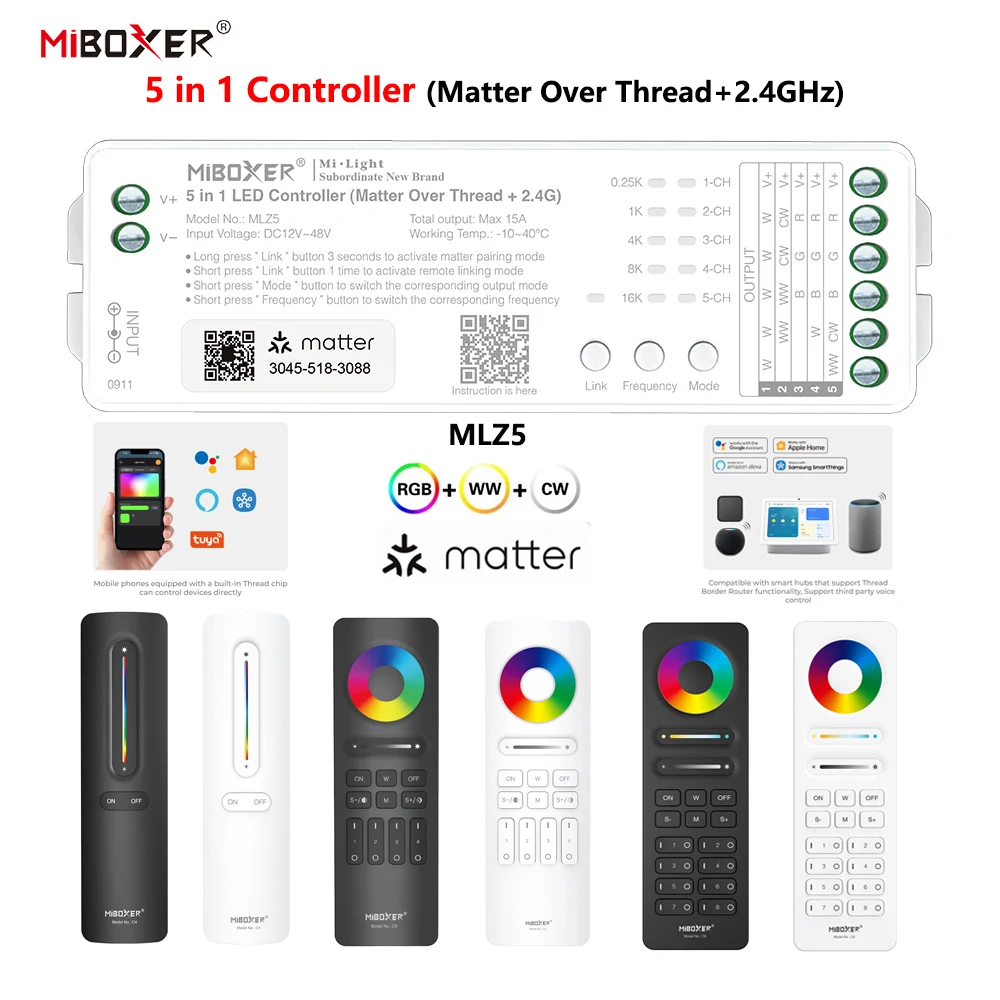 Miboxer MLZ5+C4 DC12-48V 5in1 Matter Over Thread+2.4GHz Tuya APP WIFI Controller Single/Double Color RGBW RGBCCT LED Strip Light