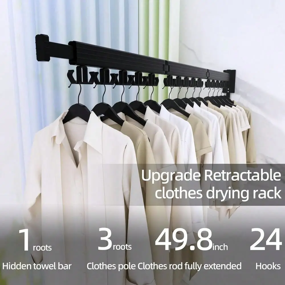 Drying Ra, Wall Mounted Laundry Drying Ra, Upgrade 3Fold Foldable Collapsible Retractable Clothing Drying Ra With 12 Hooks Orga