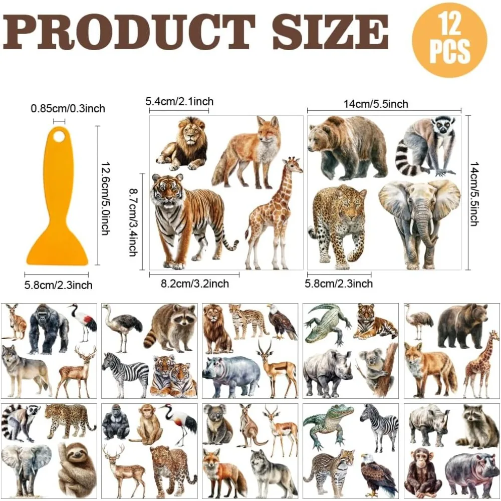 12 Sheets 12 Style PVC Stickers Heat Transfer Film for Window Decoration Animals 140x140mm 1 sheet/style