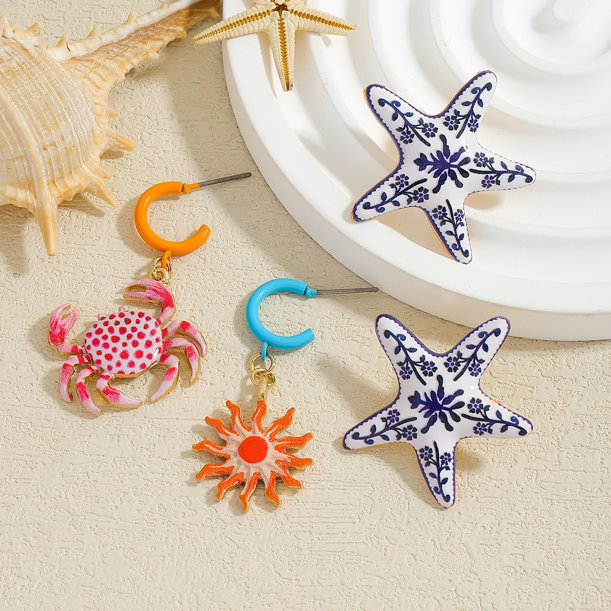 

4pcs/Set ZAA Ocean Serial Animal Dangle Earrings Women Enamel Crab Starfish Flower Ear Drop Jewelry Summer Vacation Seaside Stud
