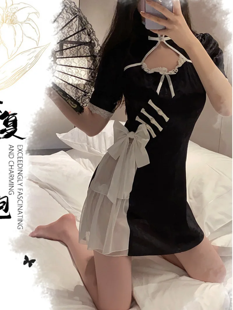 Guiruo Guofeng Fun Underwear Sexy Pure Desire Plate Button Split Temptation Qipao Short Skirt Uniform Set dresselegantshirt RPQD