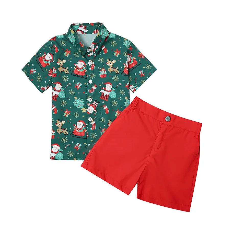 

Детские рождественские комплекты одежды для мальчиков, рубашка с рождественским принтом + красные штаны, одежда из 2 предметов, детский новогодний повседневный костюм джентльмена с длинными рукавами