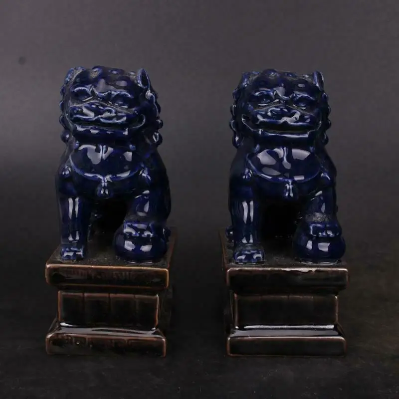 

A Pair Chinese Qing Blue Glaze Porcelain Figurine Foo Fu Dog Guardion Lion Statue 5.90"