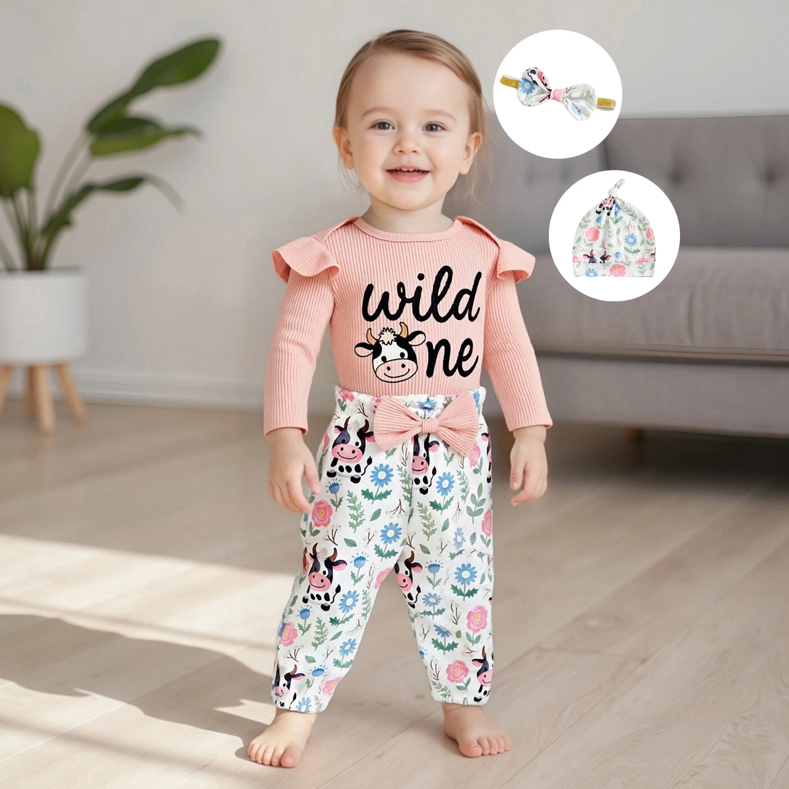 Completo da 4 pezzi per neonata, manica lunga, o collo, lettera, ricamo animale, tuta, fascia per capelli, pantaloni elastici in vita e set di cappelli