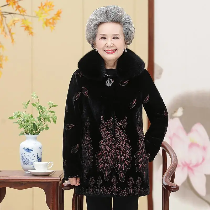 Old People Winter Woolen Jacket Long Coat 5XL Women\'s Warm Outerwear Grandma Thicken Sheep Shearing Fur Coats W1764