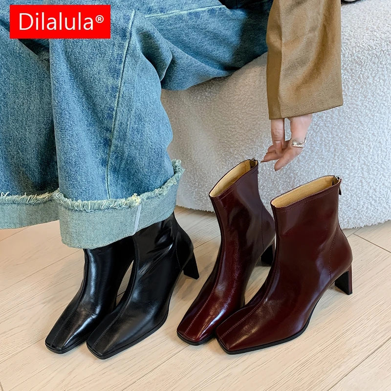 

Dilalula 2025: короткие ботинки из натуральной кожи, женские ботильоны на высоком каблуке с квадратным носком и молнией, офисные женские вечерние ботинки для свиданий, женские