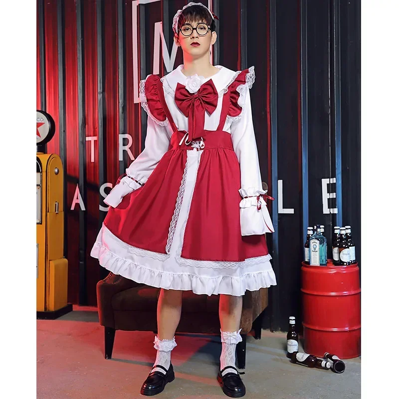 Japanse meid cosplay kostuum Lolita kanten jurk cross-dresser zwart Gothic Carnaval Halloween outfit voor Mannen Vrouwen rode jurken M