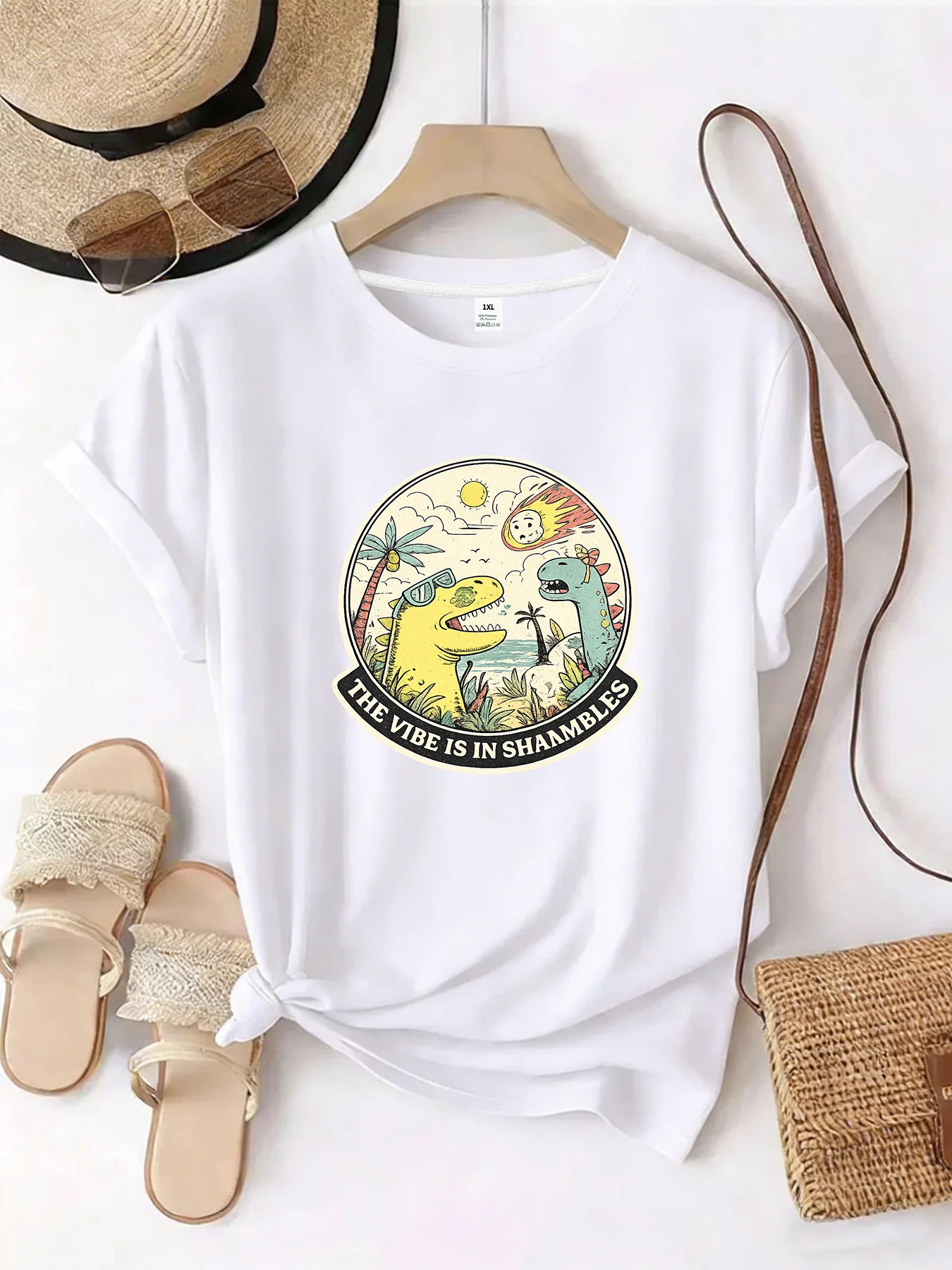 

【WZM101445】Dinosaur era printed plus size women's round neck summer casual short sleeved street fashion versatile T-shirt