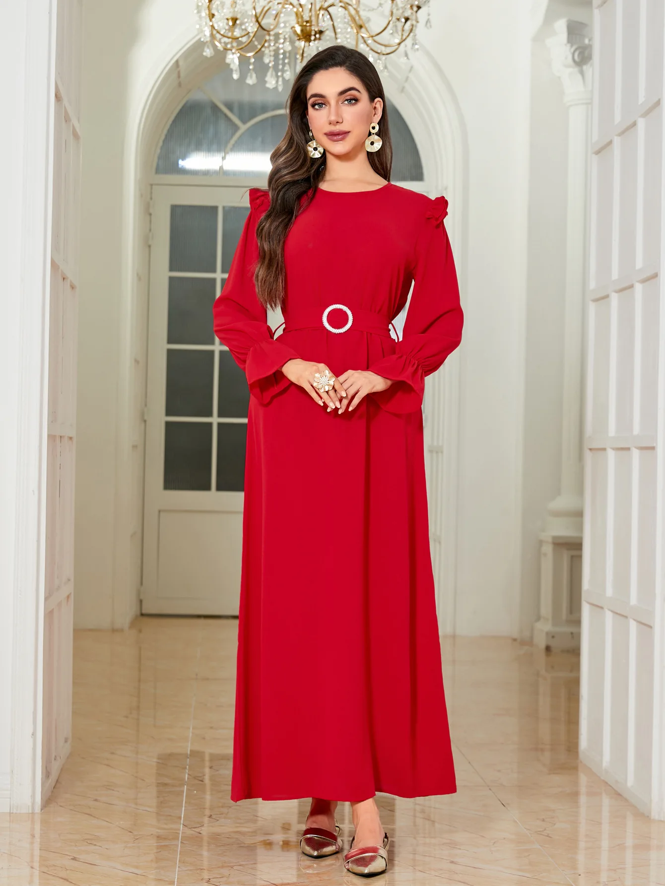 

New 2025 Muslim Dresses Vintage Dubai Turkey Abbaya Sundress Women Bohemian Belt Long Sleeve Dress Robe Musulmane Femme Vestidos