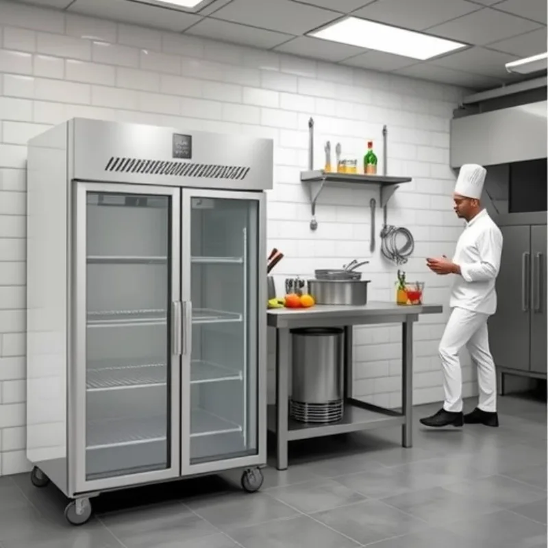 

European glass double door refrigerated high cabinet freezer, commercial air-cooled frost-free vertical refrigeration equipment