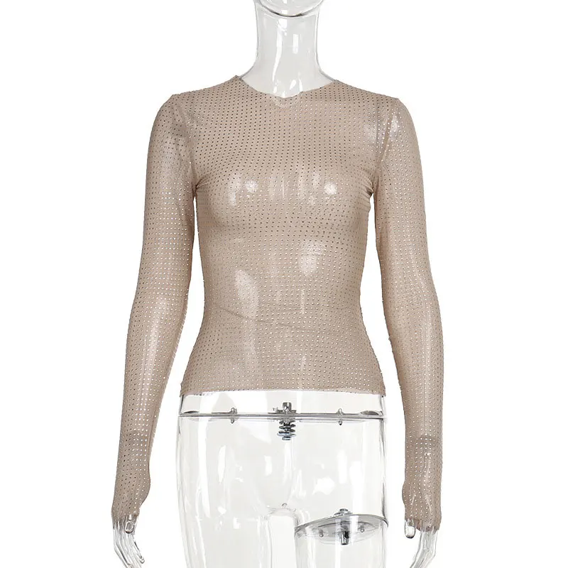 GACVGA Sexy See-Through Women T-shirt Hollow Out Long Sleeve Y2K Nude Sequin New Arrivals Pullover Top Female Slim Streetwear