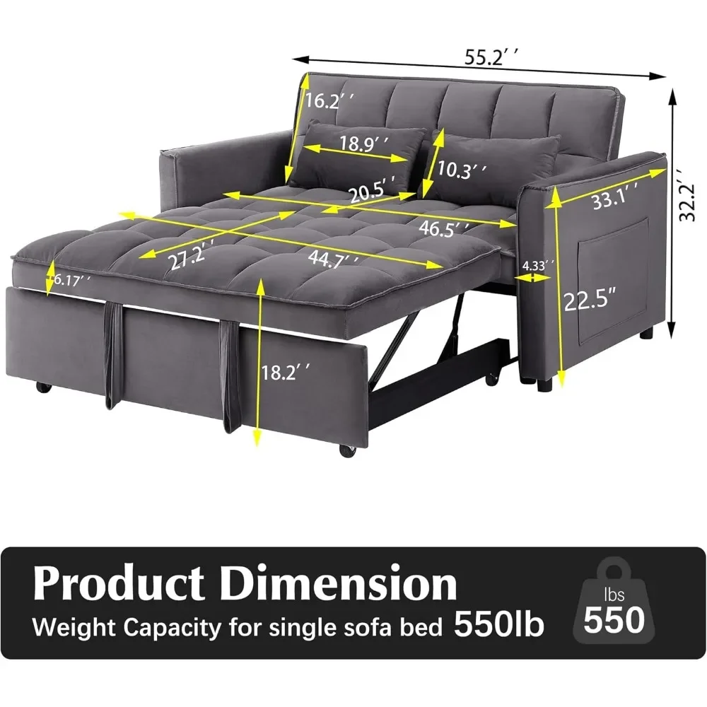 3-in-1 Sleeper Sofa Bed, Velvet Convertible Sofa Bed, Equipped with Armrests, Storage Bag, and 2 Pillows, Modern Sofa Bed