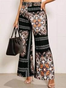 

2025 Новые широкие брюки с этническим принтом, женские свободные брюки-клеш с высокой талией