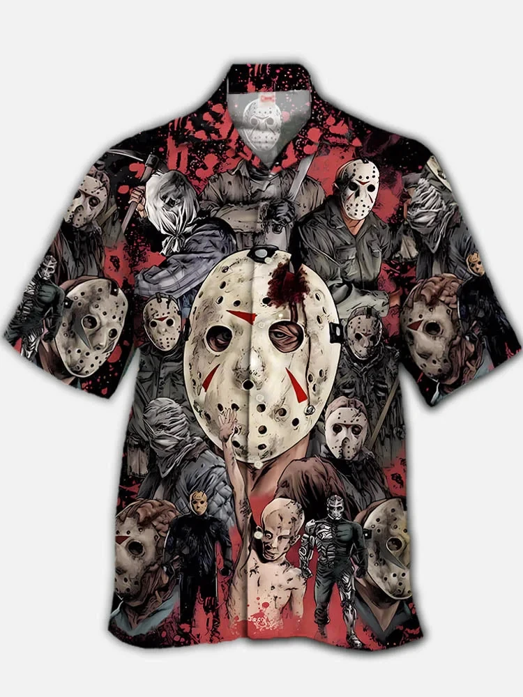 2024 Men's Fashion Shirt Hooworkshops Eye catching Classic Cabin Terror Murder Figure Print Hawaiian Short sleeved Shirt