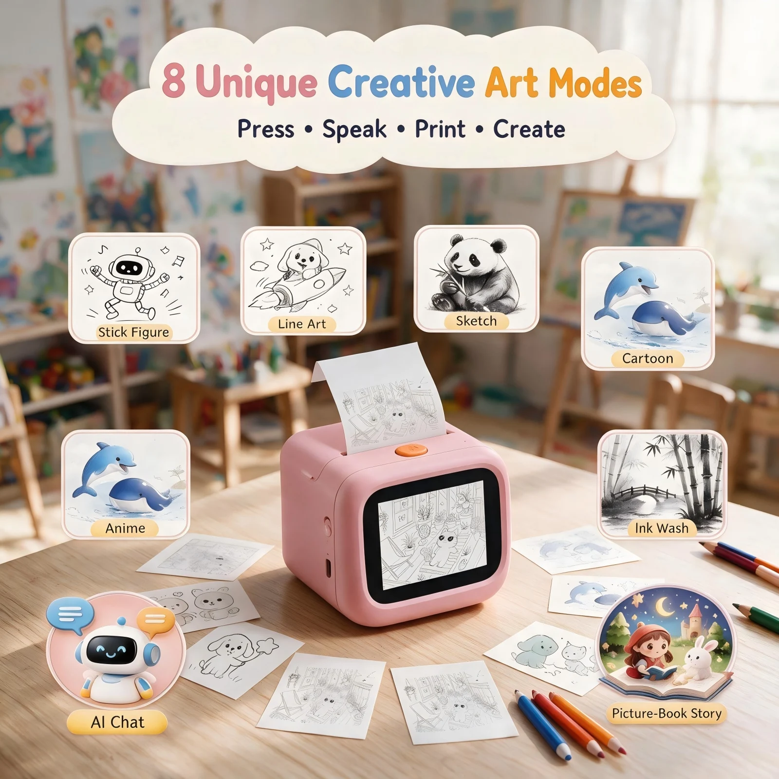 DIY Craft Squishy Toys, Interactive Toy, Magic Sicker Printer, Voice Chat Wireless Speaker Robot, AI Sticker Maker, Girls Gift