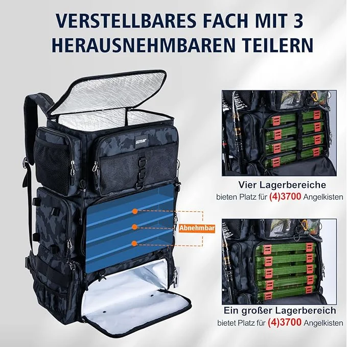 

Goture Water-Repellent Fishing Tackle Bag 72L Fishing Backpack with Cool Bag 16L & Rain Cover for Fishing Camping Hiking Hunting