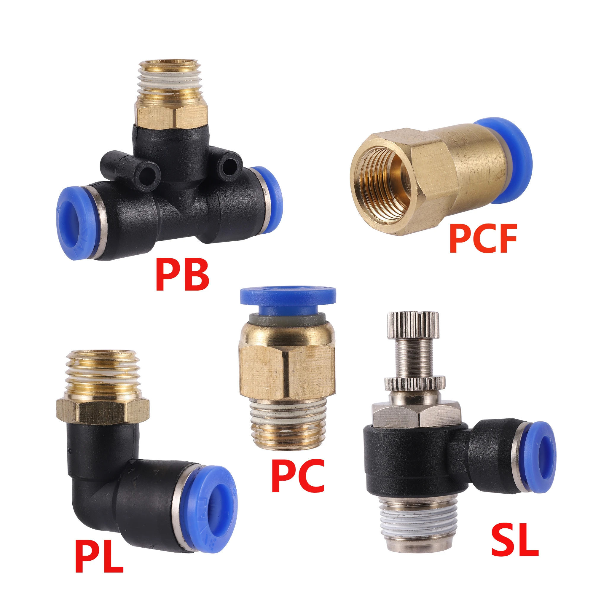 Pneumatic Air Connector Fitting PC PCF/PL/PLF 4mm 6mm 8mm Thread 1/8 1/4 3/8 1/2 Hose Fittings Pipe Quick Connectors