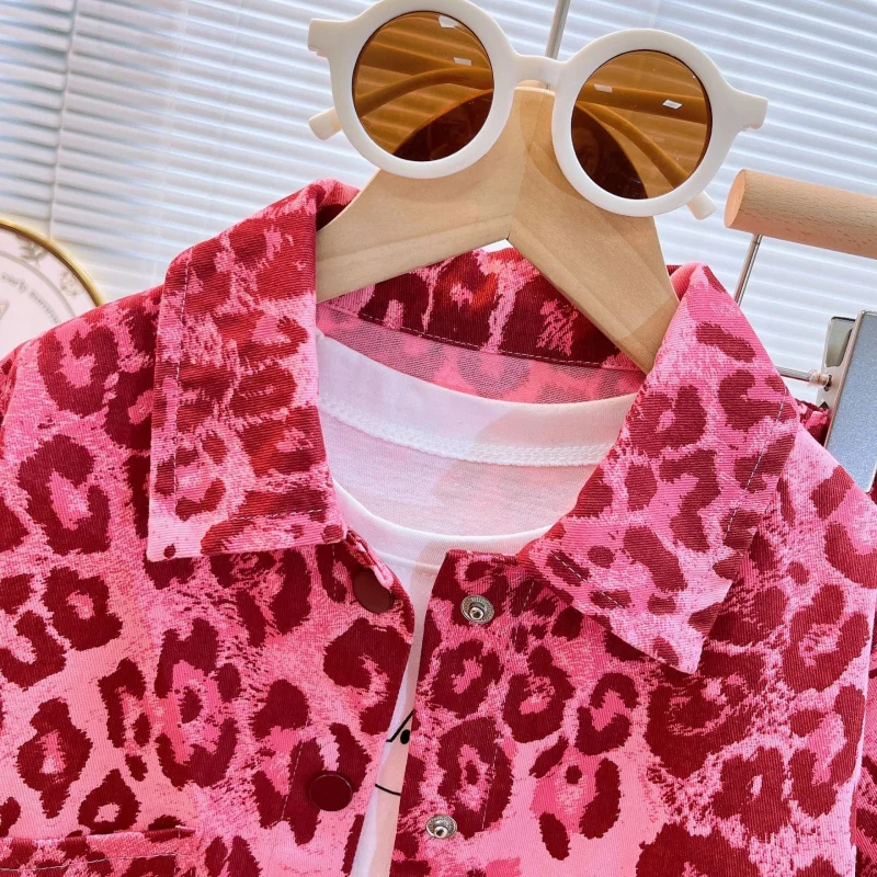 

Girls2025Autumn New Children's Clothing Girl Fashion Pink Leopard Print Set Long Sleeve Jacket and Long Pants Two-Piece Set