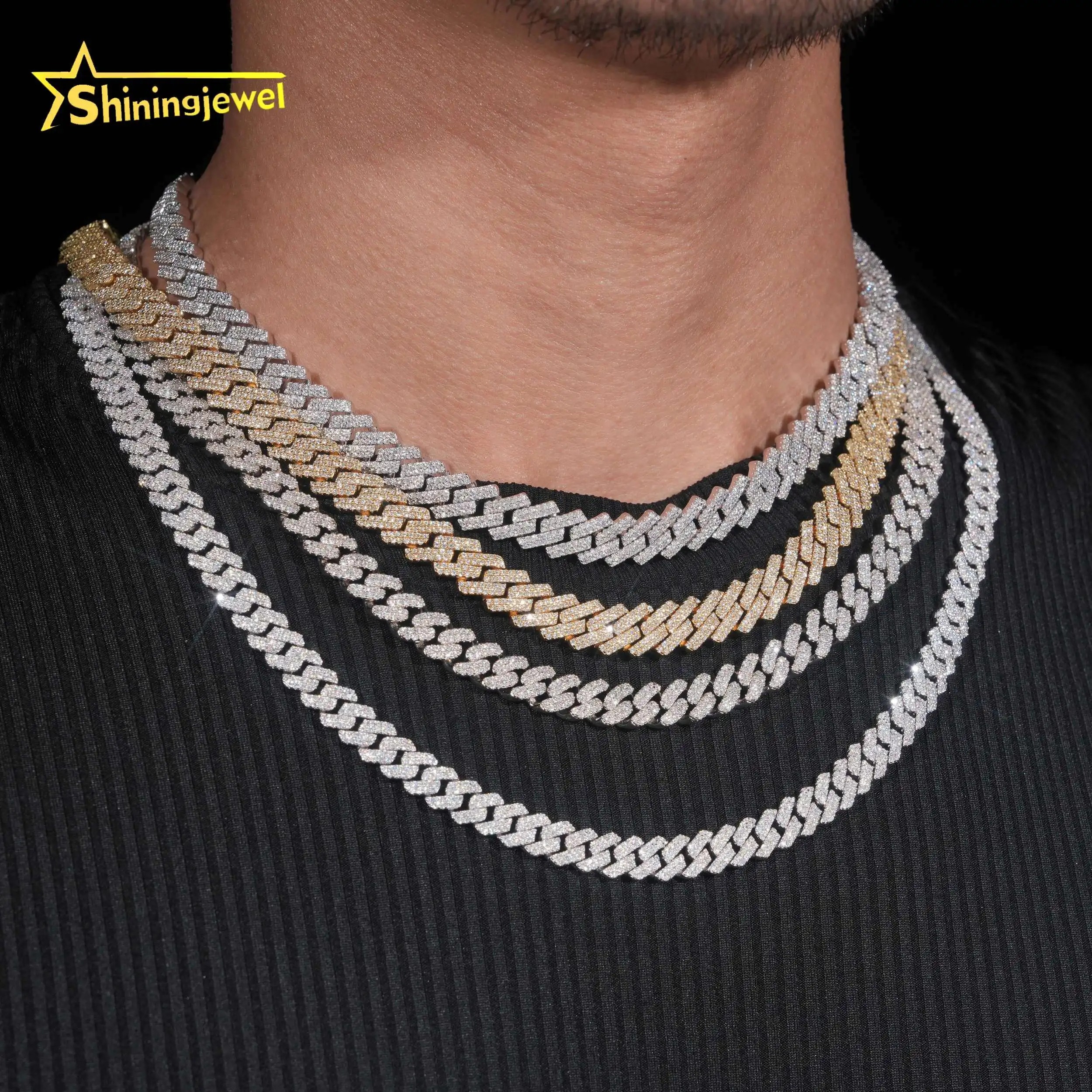 to Ready Ship Hip Hop Jewelry 925 Sterling Silver Gold Plated Pass Diamond Test VVS Moissanite Iced Cuban Link Chain Necklace..