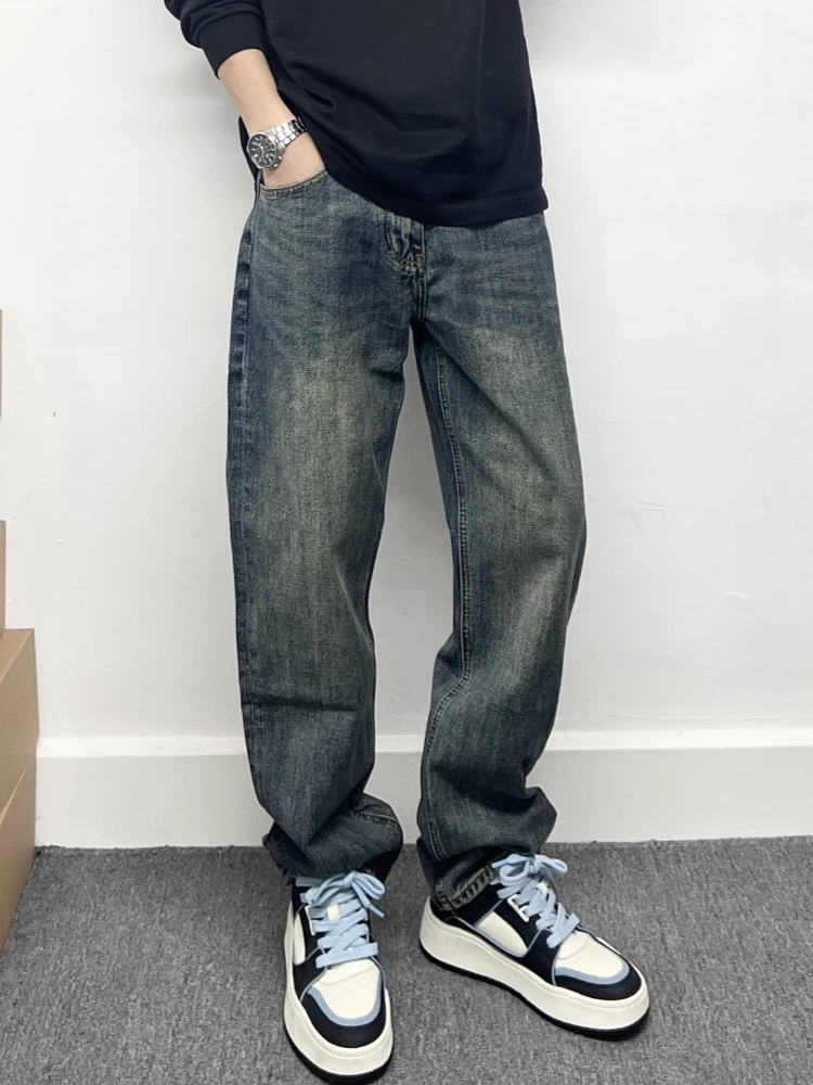 

Мужские джинсы прямого кроя в стиле ретро, синие, свободного кроя, простые в сочетании, длинные брюки из тонкого хлопкового денима, повседневная одежда