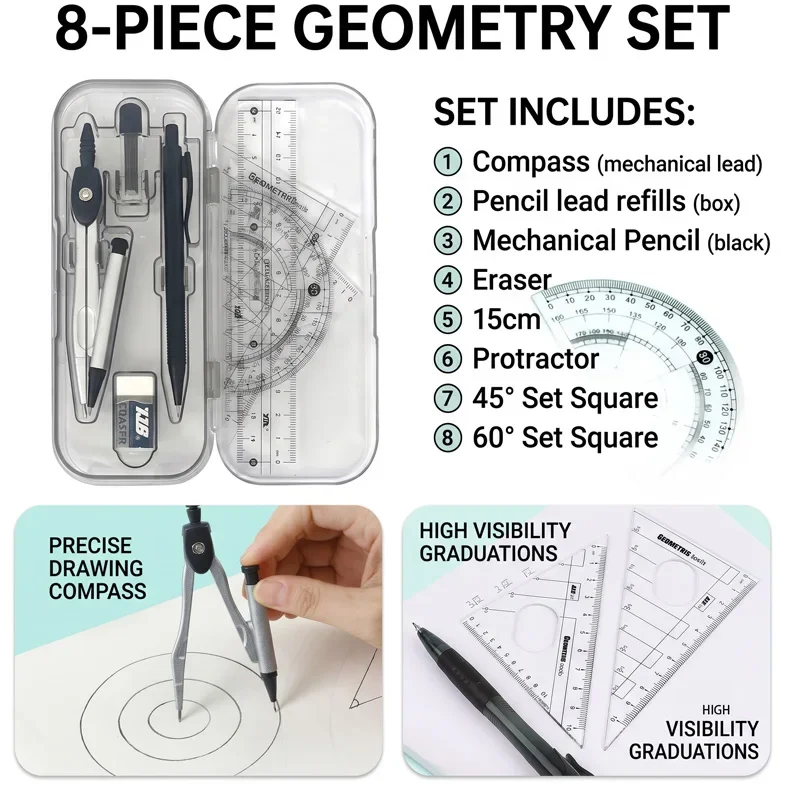 8-in-1 Mathematical Geometry Kit for School Office  Study Stationery with Compass Ruler and Protractor