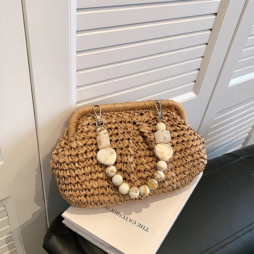 Luxury Designer Trendy Straw Weaving Shoulder Bag Versatile Small Beading Handbag For Women Summer Casual Beach Bag Travel Purse