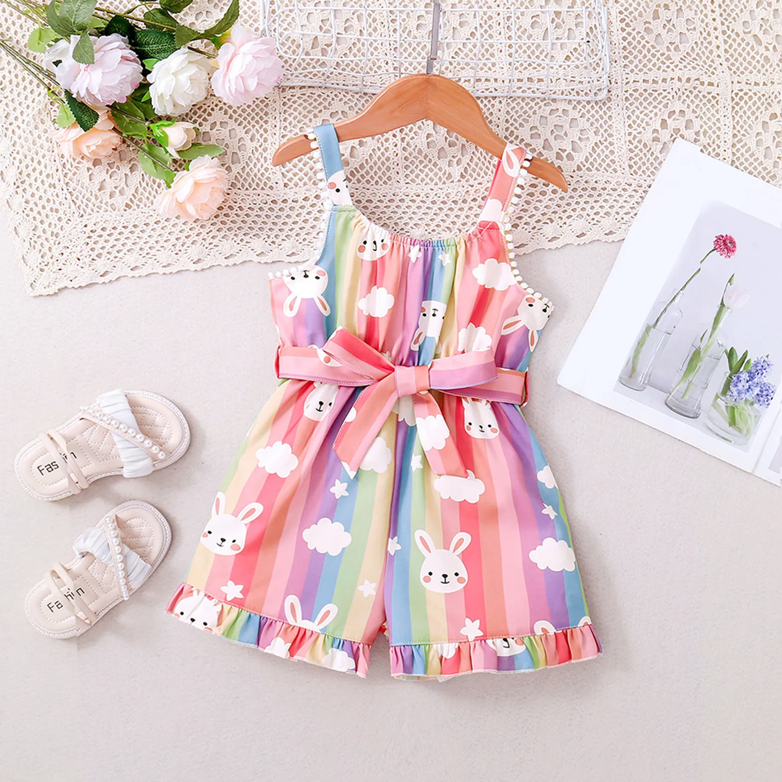 1 2 3 4 5Y Toddler Jumpsuits For Girls Summer Sleeveless Cartoon Bowknot Printed Suspenders Jumpsuit Shorts Children Clothing