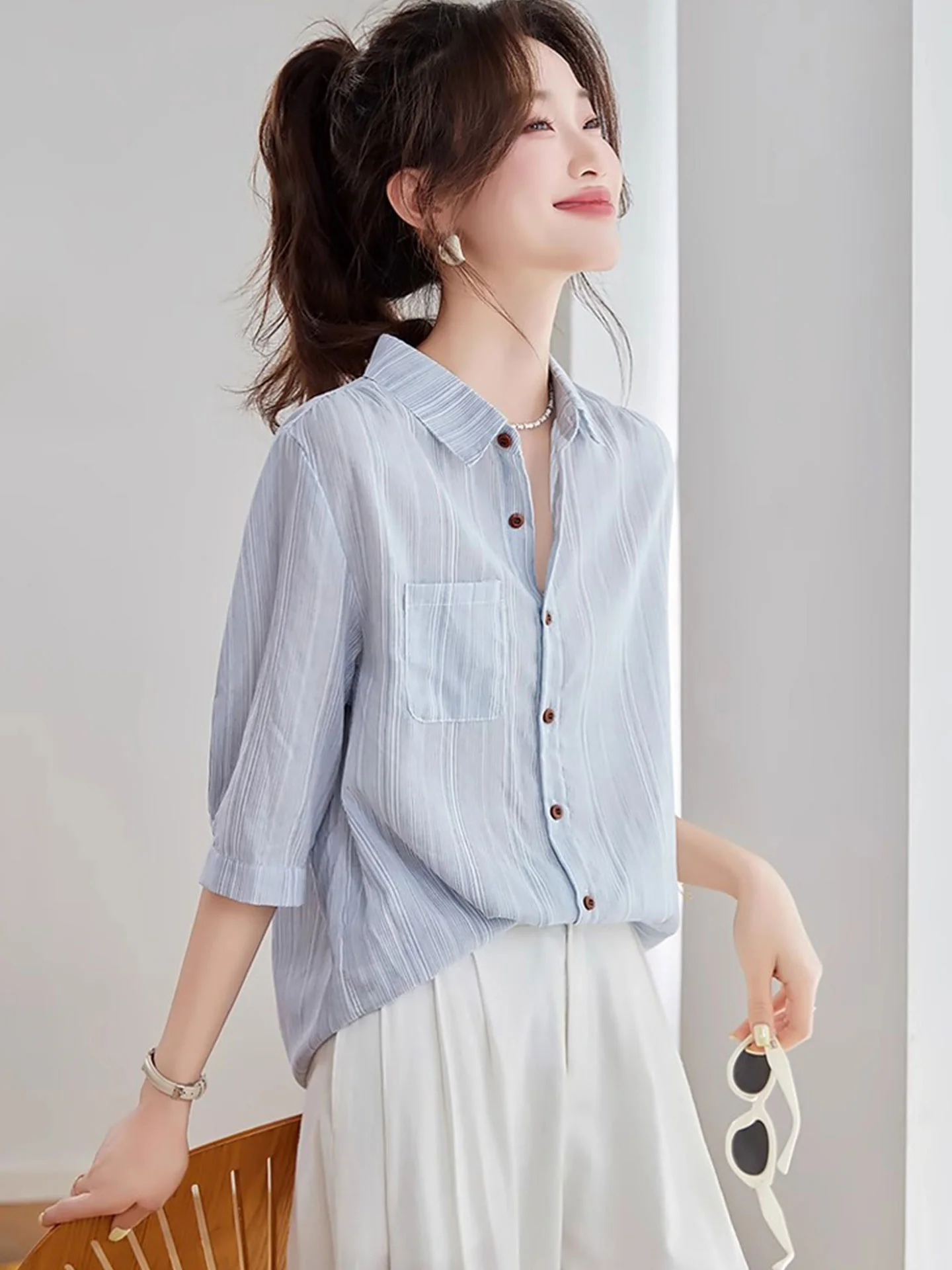 

Женская шелковая блузка Commute Sle с рукавом три четверти, на одной пуговице, в стиле колор-блок, корейская версия, прямой крой, летняя мода