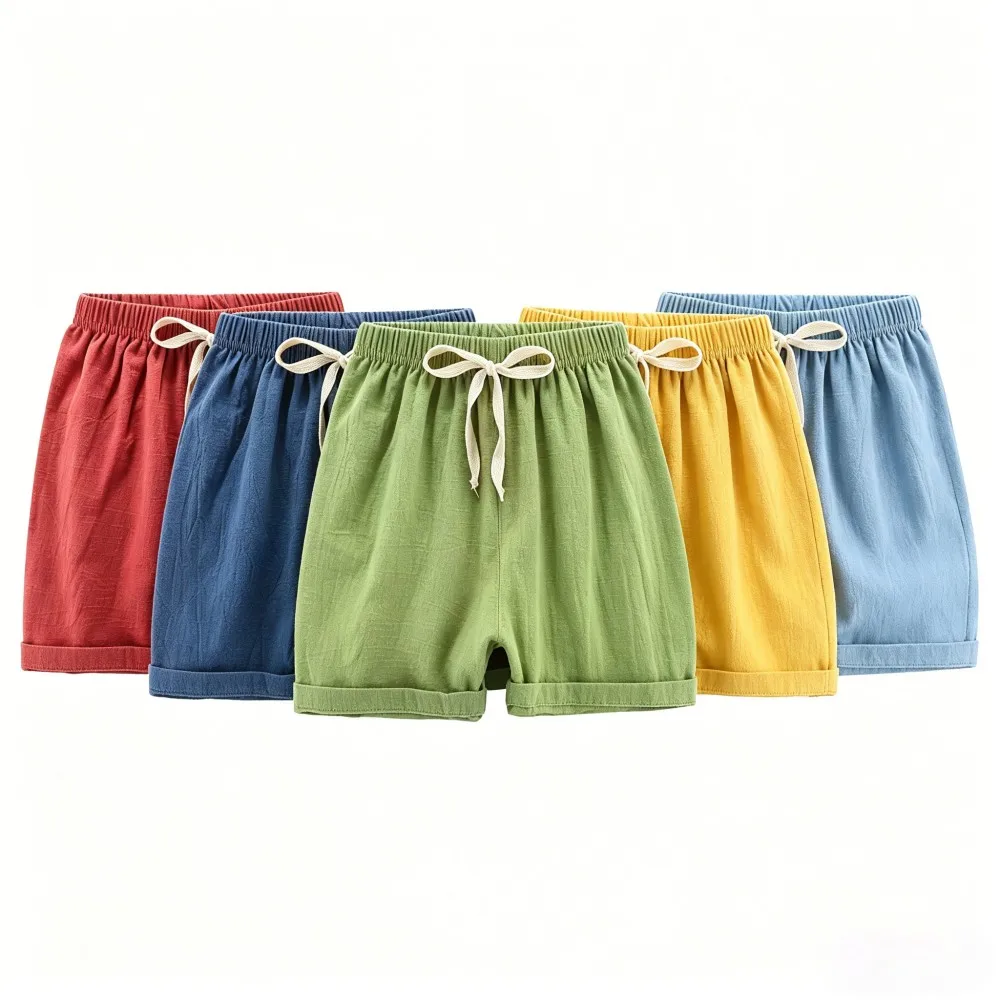Boys Girls Cotton Linen Shorts 2-10Y Breathable Solid Color Casual Shorts Elastic Waist Comfortable Children Summer Beach Pants