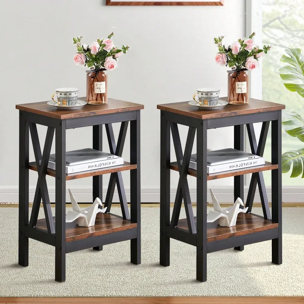 

Brown Nightstand Set Of 2 X-Shape Metal Frame 3-Tier Open Shelves Small Bedside End Table