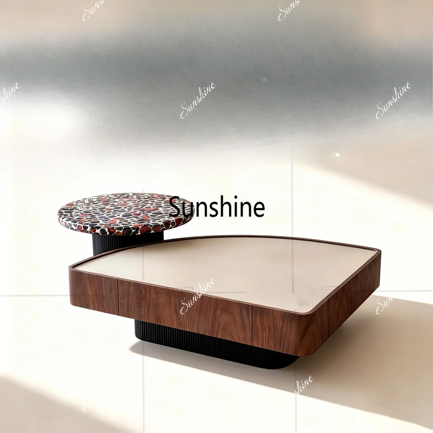 Italian light luxury tempered glass wood veneer bionic marble coffee table