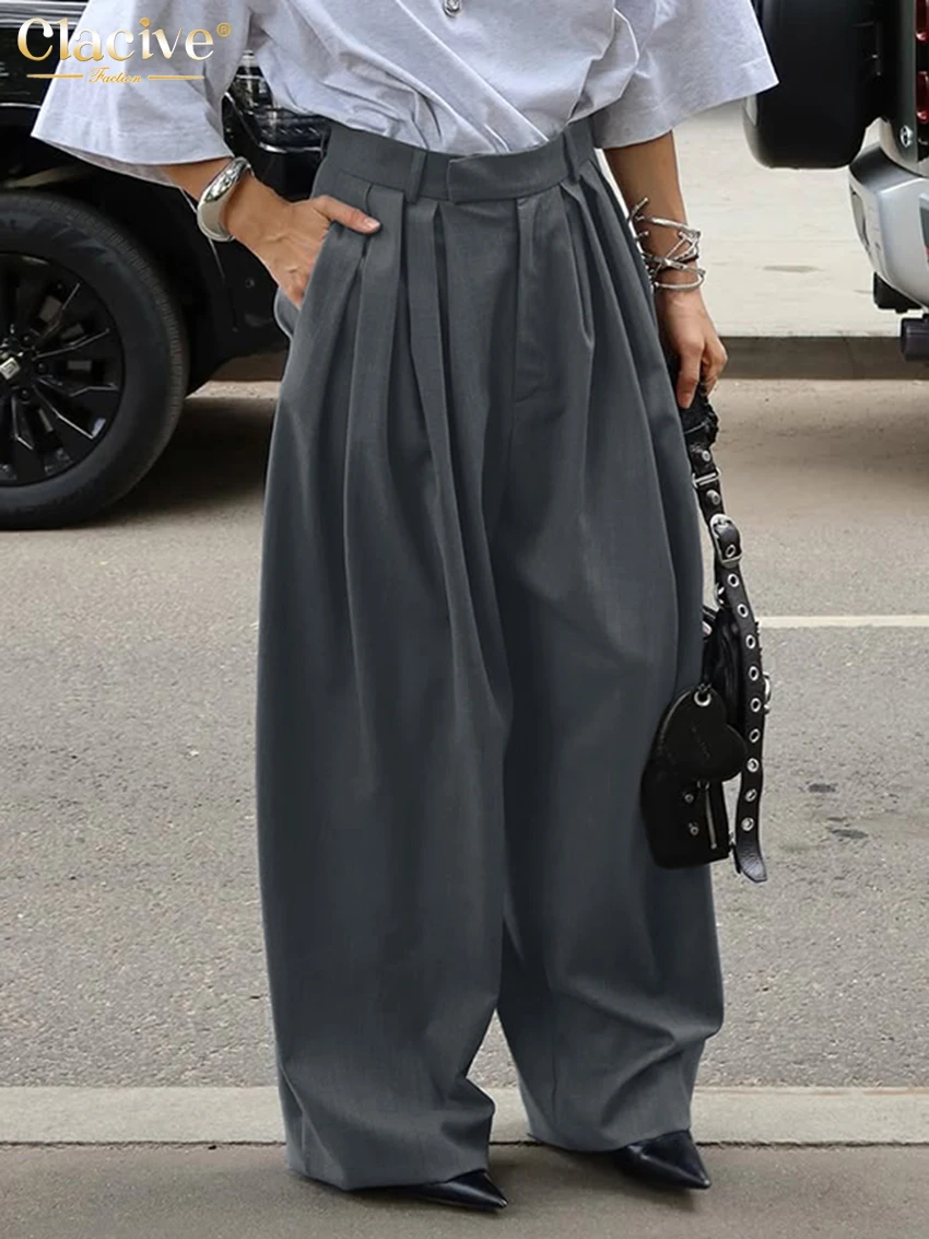 

Clacive Fashion Loose Gray Women's Pants 2026 Spring High Waist Wide Trousers Elegant Classic Full Length Pants Female Clothing