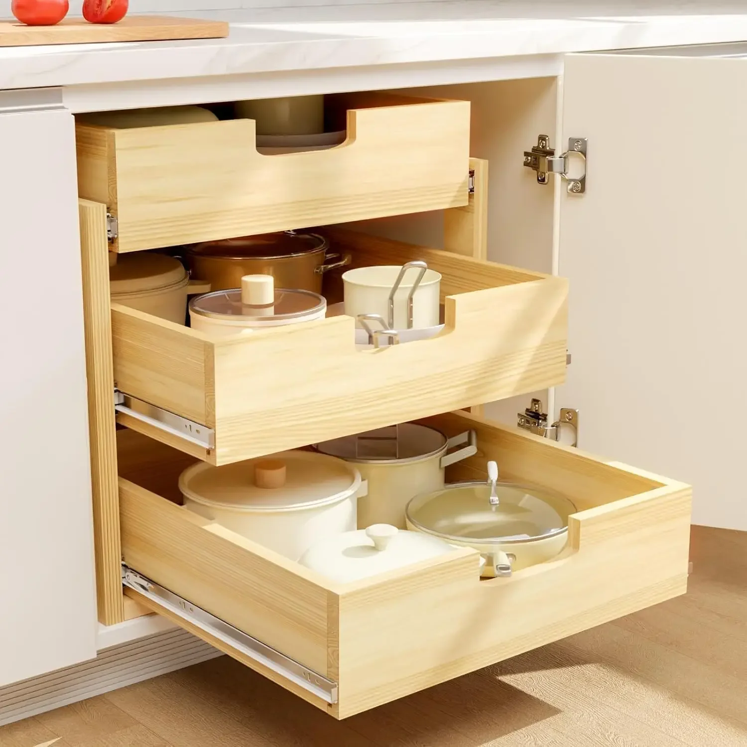 Sliding Cabinet Organizer Wooden Pull Out Drawers Three Tier Soft Close