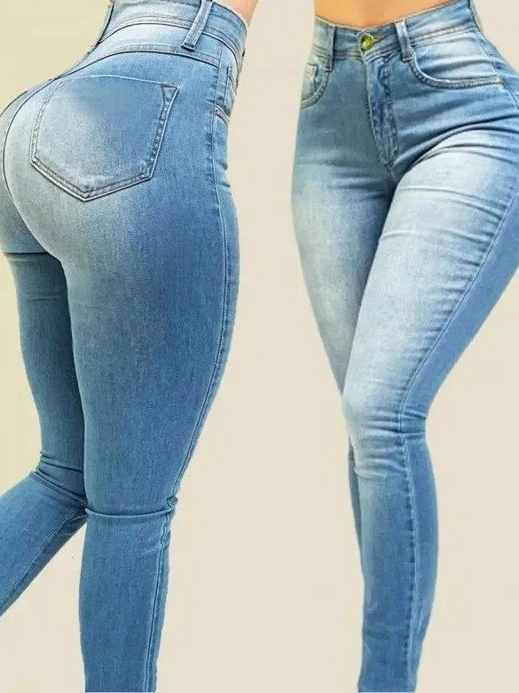 High Waist High Elastic Slim Fit Jeans Small Foot Pants Pure Color Women's Fashion Cross-Border Denim Blue Washed Lady Style - view 2