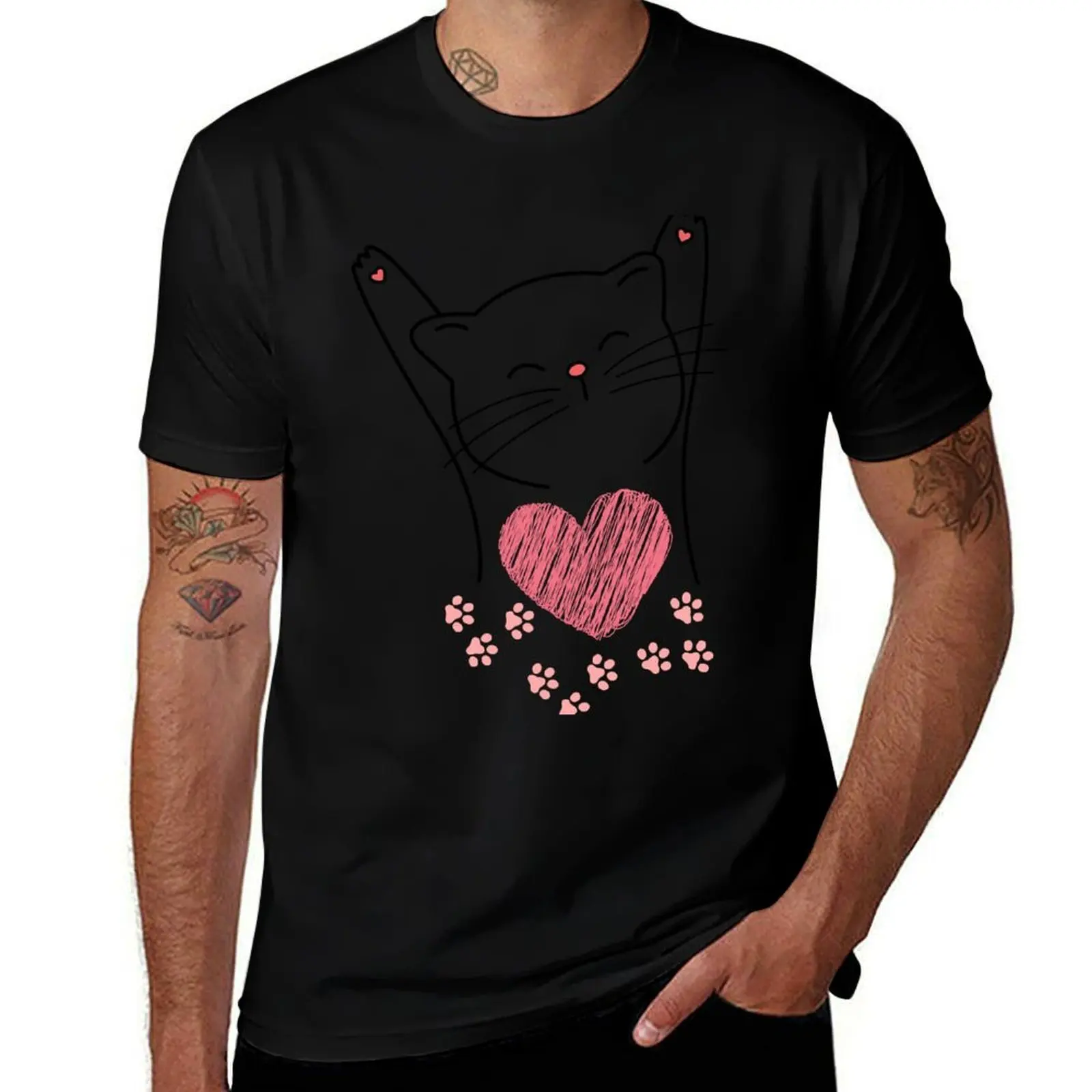

Happy Cat Heart And Paws T-Shirt graphic t shirts funny shirt cotton blanks vintage graphic tee designer t shirt men