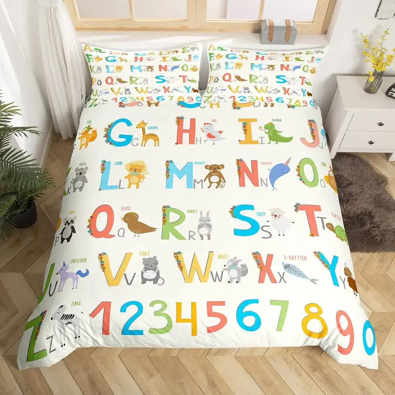 

English Alphabet Comforter Cover Cute Animals Bedding Set for Kids Boys Girls Number Colorful Duvet Cover with 2 Pillowcases